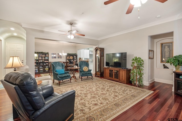 3363 Cascades Blvd, Tyler, TX 75709 - living area featuring ceiling fan, wood finished floors, ornamental molding, baseboards, and a chandelier