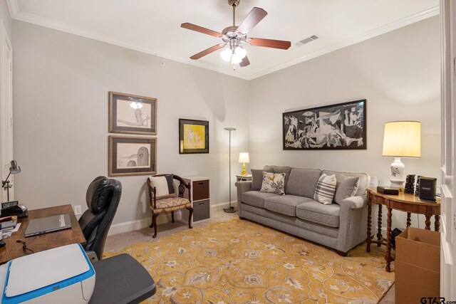 3363 Cascades Blvd, Tyler, TX 75709 - home office featuring a ceiling fan, light colored carpet, baseboards, and ornamental molding