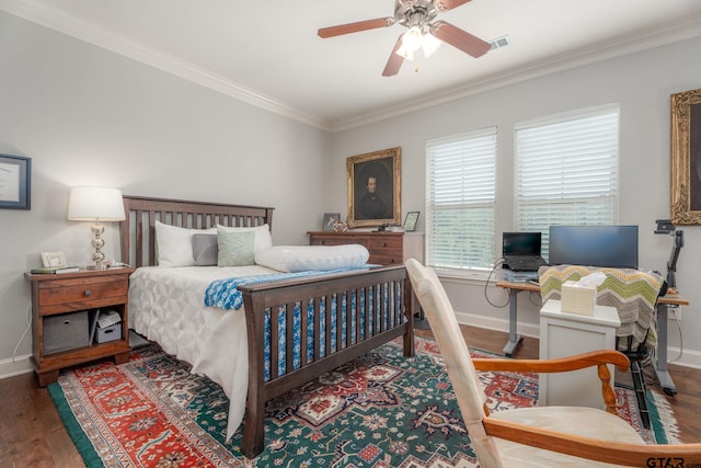 3363 Cascades Blvd, Tyler, TX 75709 - bedroom with baseboards, wood finished floors, ornamental molding, an office area, and a ceiling fan