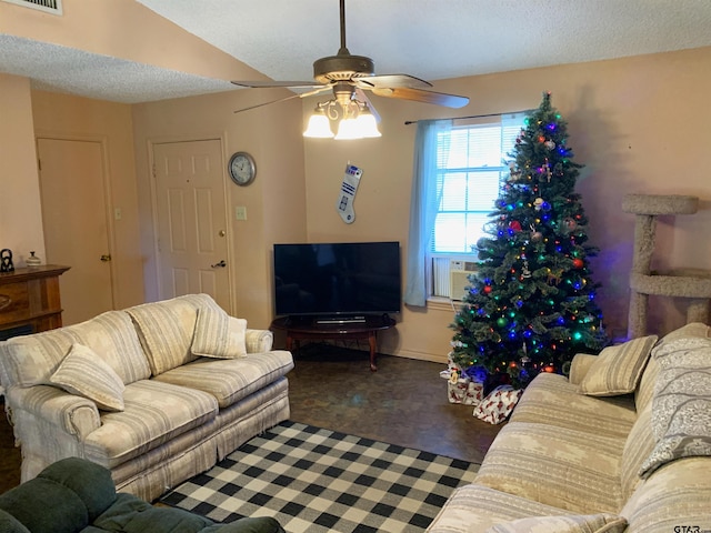 living room featuring a textured ceiling, ceiling fan, cooling unit, and vaulted ceiling