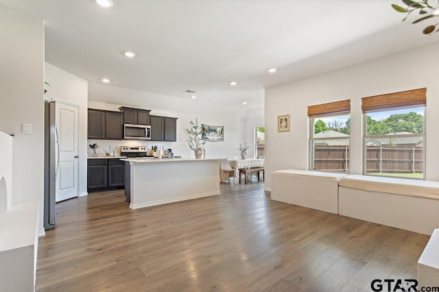 203 Parker Oaks Dr, Chandler, TX 75758 - kitchen with stainless steel appliances, dark wood finished floors, recessed lighting, light countertops, and a kitchen island with sink