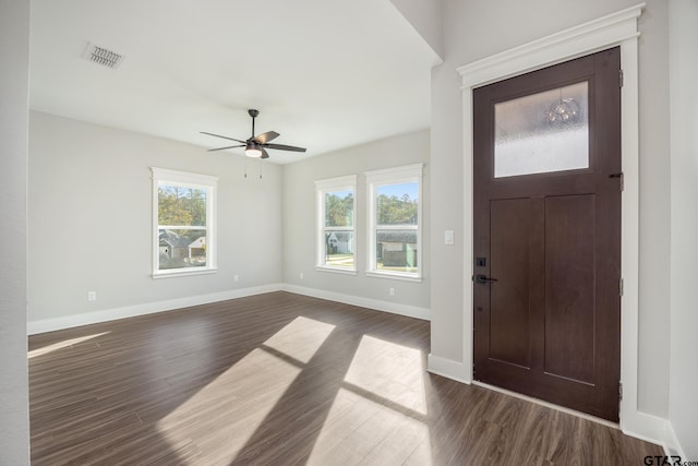 entryway with ceiling fan and dark hardwood / wood-style flooring