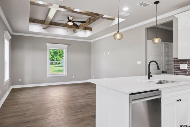 kitchen featuring sink, coffered ceiling, white cabinets, dishwasher, and dark hardwood / wood-style flooring