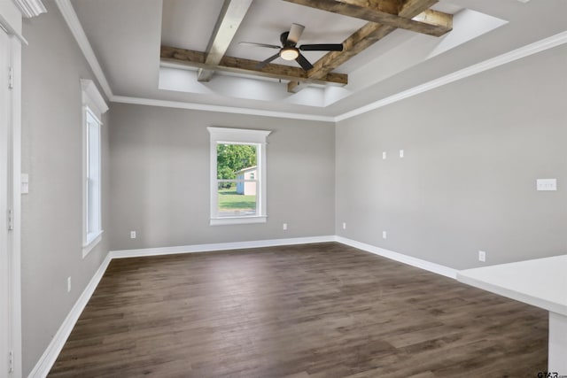 unfurnished room featuring ornamental molding, dark hardwood / wood-style floors, ceiling fan, and beam ceiling