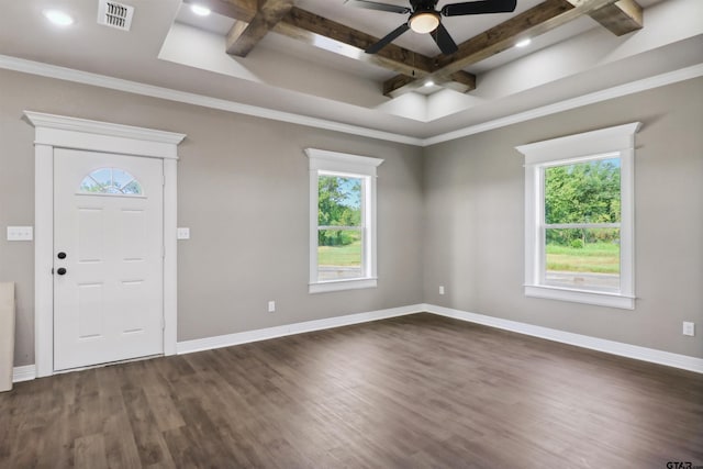 foyer entrance featuring dark hardwood / wood-style floors, plenty of natural light, and beam ceiling