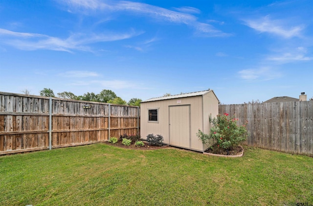 view of shed with a fenced backyard