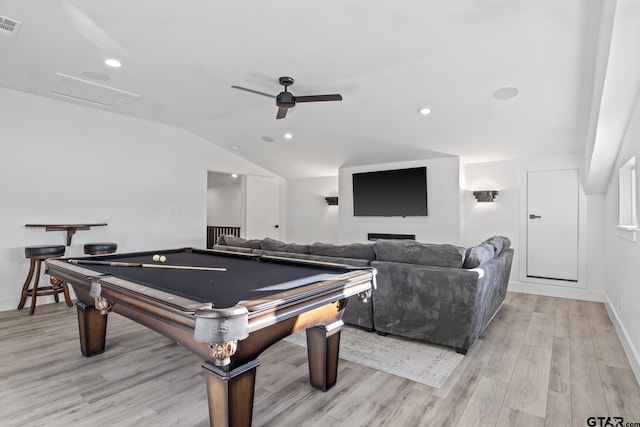 recreation room featuring ceiling fan, lofted ceiling, pool table, and light hardwood / wood-style flooring