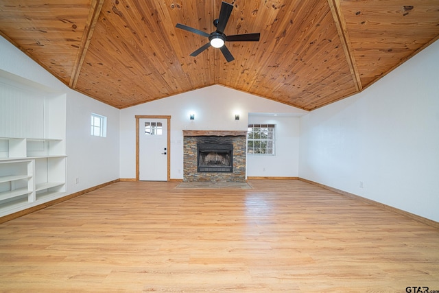 unfurnished living room with lofted ceiling, a stone fireplace, light hardwood / wood-style flooring, and wooden ceiling