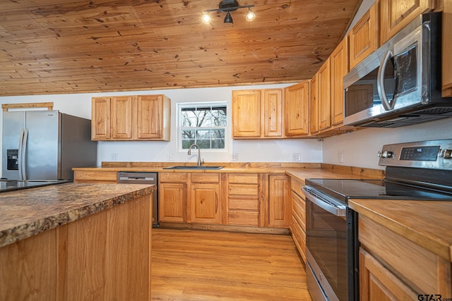 kitchen with sink, wood ceiling, vaulted ceiling, light wood-type flooring, and appliances with stainless steel finishes