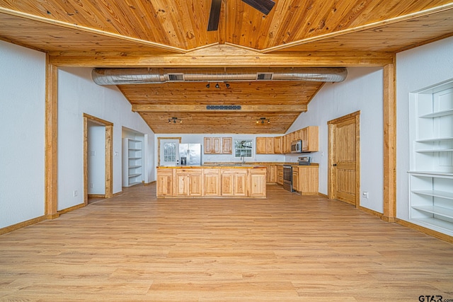 kitchen featuring built in shelves, appliances with stainless steel finishes, light hardwood / wood-style flooring, and wooden ceiling