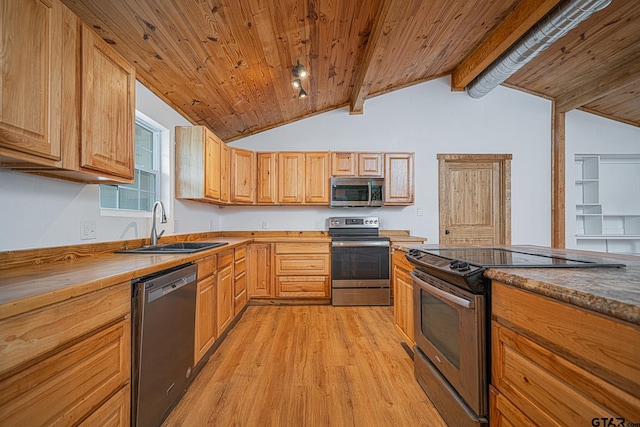 kitchen with sink, vaulted ceiling with beams, wood ceiling, light wood-type flooring, and appliances with stainless steel finishes