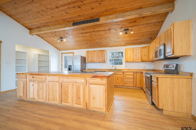 kitchen featuring appliances with stainless steel finishes, a center island, sink, and wooden ceiling