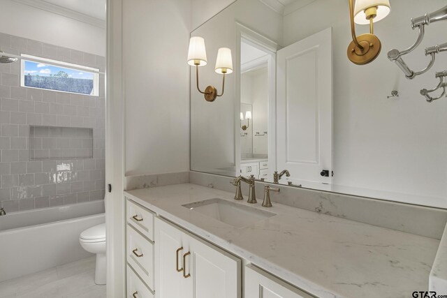 3116 Forest Ridge Cv, Tyler, TX 75703 - full bathroom featuring toilet, vanity, washtub / shower combination, tile patterned flooring, and ornamental molding