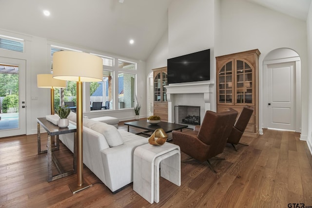 3116 Forest Ridge Cv, Tyler, TX 75703 - living area featuring a fireplace, high vaulted ceiling, wood finished floors, recessed lighting, and baseboards