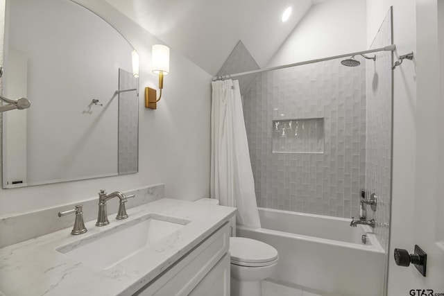 3116 Forest Ridge Cv, Tyler, TX 75703 - full bathroom featuring vanity, shower / tub combo with curtain, toilet, vaulted ceiling, and tile patterned flooring