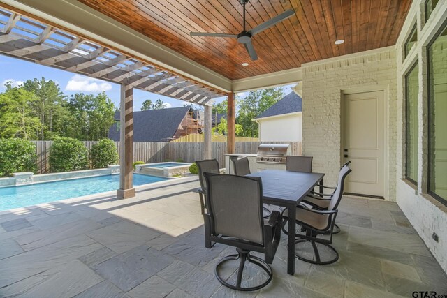 3116 Forest Ridge Cv, Tyler, TX 75703 - fenced backyard featuring an in-ground hot tub, a patio, outdoor dining space, and ceiling fan
