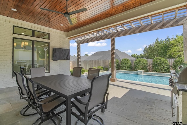 3116 Forest Ridge Cv, Tyler, TX 75703 - fenced backyard with a pergola, outdoor dining area, ceiling fan, and a patio area