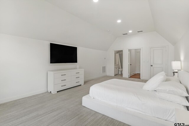 3116 Forest Ridge Cv, Tyler, TX 75703 - bedroom with vaulted ceiling, baseboards, recessed lighting, light carpet, and connected bathroom