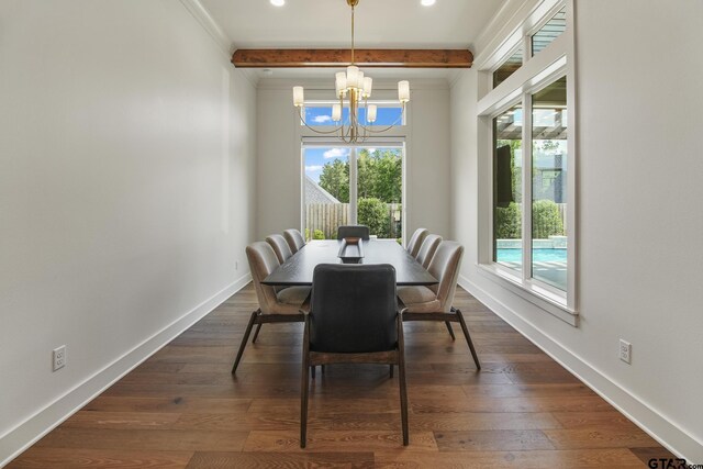 3116 Forest Ridge Cv, Tyler, TX 75703 - dining area with a chandelier, plenty of natural light, dark wood-style flooring, baseboards, and beamed ceiling