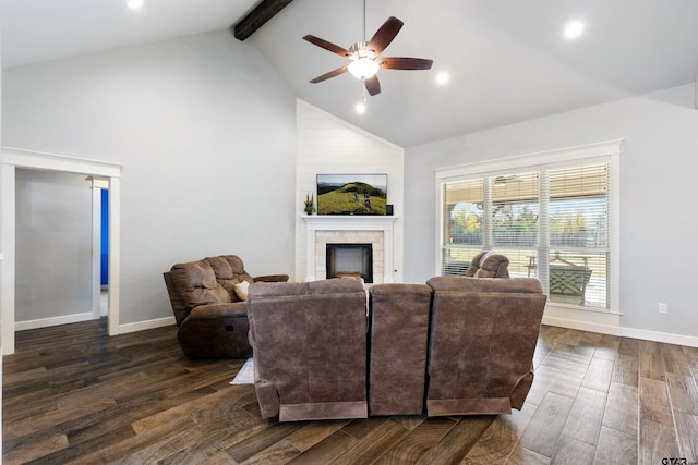 living room featuring dark wood-type flooring, ceiling fan, high vaulted ceiling, and beamed ceiling