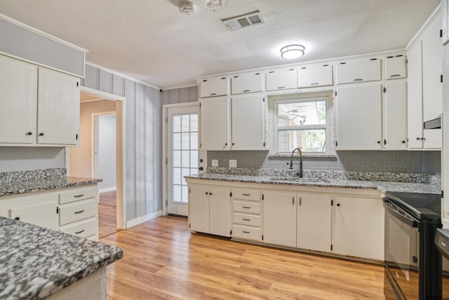 kitchen with light wood-type flooring, sink, tasteful backsplash, and black range with electric stovetop