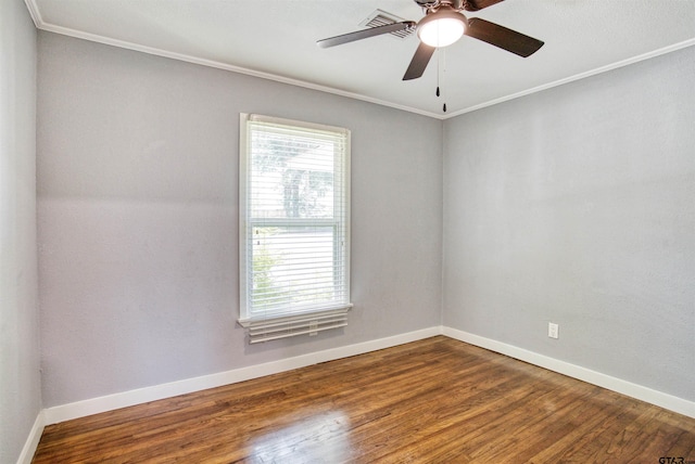 unfurnished room featuring ornamental molding, hardwood / wood-style flooring, and ceiling fan