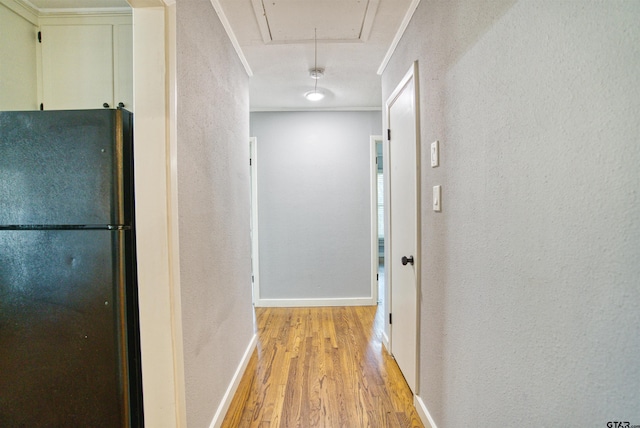 corridor with light wood-type flooring and ornamental molding