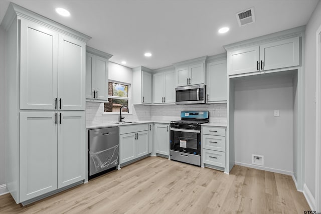 kitchen featuring backsplash, sink, light wood-type flooring, and stainless steel appliances