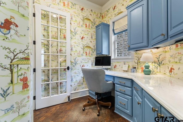 office area with french doors, dark wood finished floors, ornamental molding, baseboards, and wallpapered walls