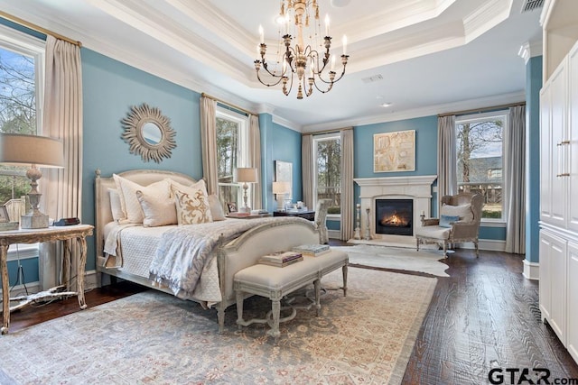 bedroom with multiple windows, a tray ceiling, dark wood-style flooring, and a glass covered fireplace