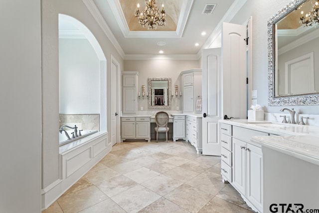 full bathroom featuring two vanities, a sink, visible vents, and crown molding