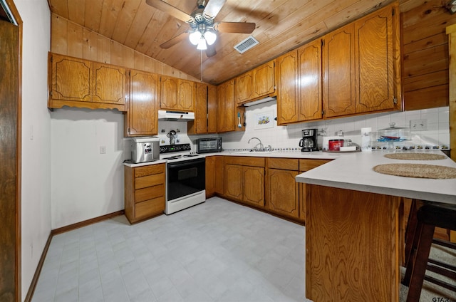 225 Springwood Cir, Chandler, TX 75758 - kitchen featuring electric stove, under cabinet range hood, brown cabinetry, lofted ceiling, and wood ceiling