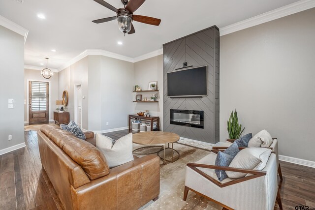 204 Providence Pl, Bullard, TX 75757 - living room with recessed lighting, wood finished floors, baseboards, a ceiling fan, and a large fireplace