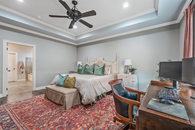 204 Providence Pl, Bullard, TX 75757 - bedroom featuring ornamental molding, an office area, wood finished floors, a tray ceiling, and recessed lighting