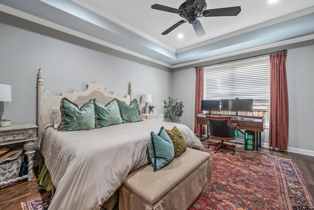 204 Providence Pl, Bullard, TX 75757 - bedroom with wood finished floors, crown molding, recessed lighting, a desk, and a ceiling fan