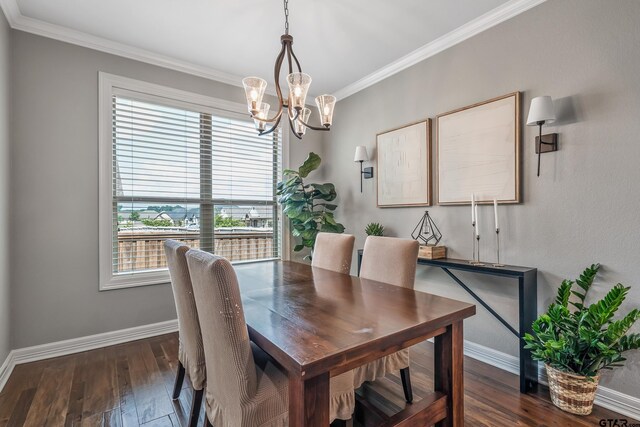 204 Providence Pl, Bullard, TX 75757 - dining space with a chandelier, ornamental molding, baseboards, and dark wood-style flooring