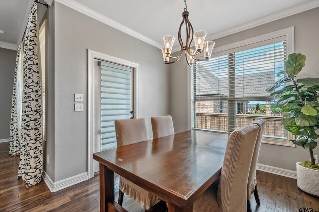 204 Providence Pl, Bullard, TX 75757 - dining area featuring crown molding, a chandelier, plenty of natural light, baseboards, and wood finished floors
