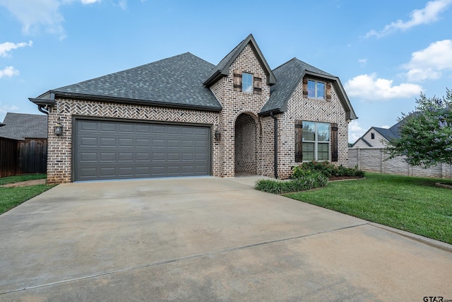 204 Providence Pl, Bullard, TX 75757 - french country inspired facade featuring brick siding, concrete driveway, an attached garage, and roof with shingles