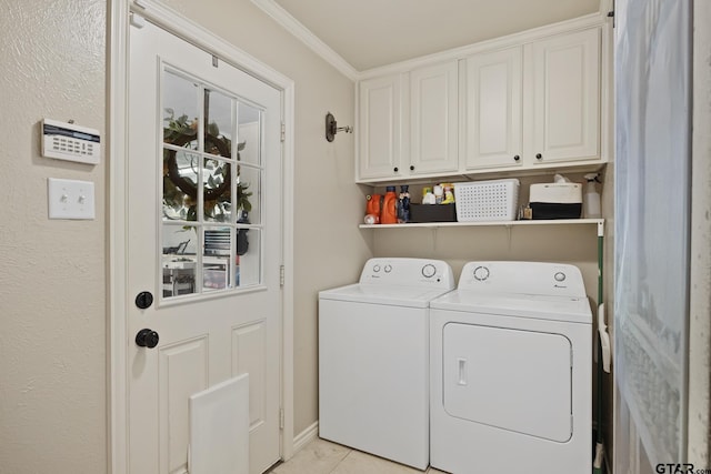 5298 Leaning Oaks Dr, Flint, TX 75762 - washroom featuring cabinet space, washing machine and clothes dryer, light tile patterned floors, and crown molding