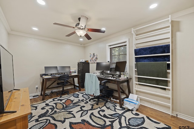 5298 Leaning Oaks Dr, Flint, TX 75762 - office space with a ceiling fan, crown molding, wood finished floors, recessed lighting, and baseboards