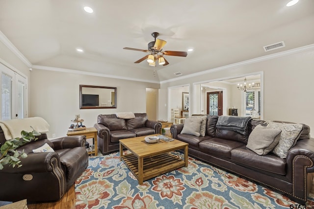 5298 Leaning Oaks Dr, Flint, TX 75762 - living area featuring a chandelier, crown molding, ceiling fan, and recessed lighting
