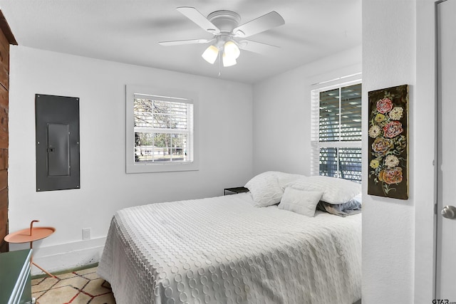 bedroom featuring electric panel and ceiling fan