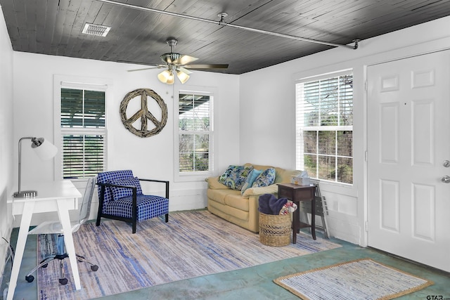 living area with wooden ceiling and ceiling fan