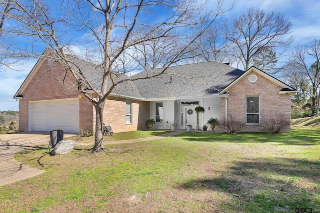 ranch-style home with a garage and a front lawn