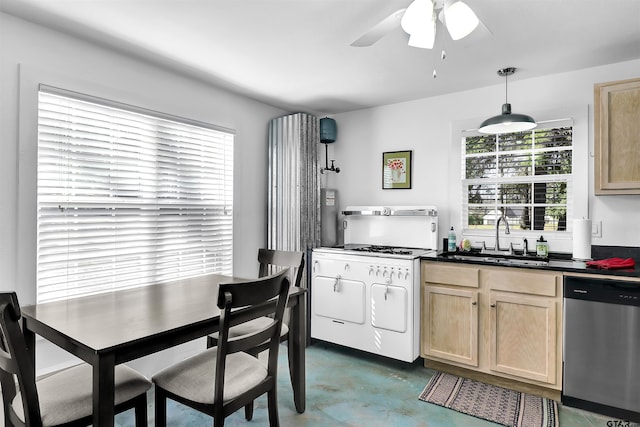 kitchen with decorative light fixtures, sink, stainless steel dishwasher, white range with gas stovetop, and light brown cabinets