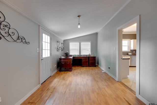 518 E Reagan St, Palestine, TX 75801 - office space with ornamental molding, light wood-type flooring, plenty of natural light, and vaulted ceiling