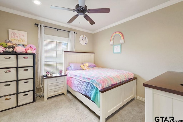 302 Coventry St, Bullard, TX 75757 - bedroom featuring light colored carpet, ornamental molding, and ceiling fan