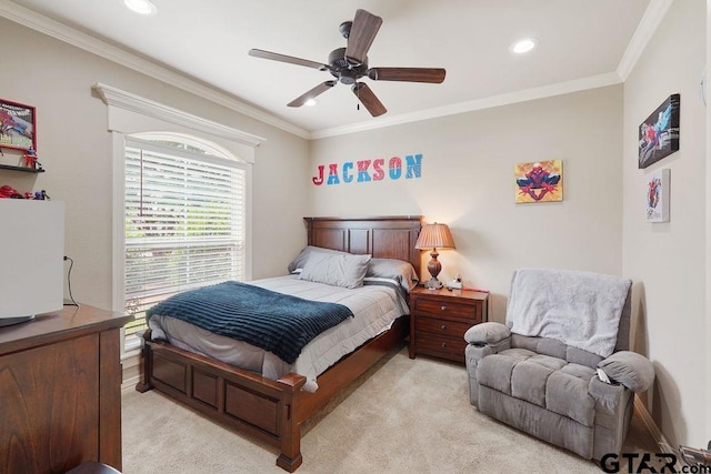 302 Coventry St, Bullard, TX 75757 - bedroom with light carpet, ornamental molding, recessed lighting, and a ceiling fan