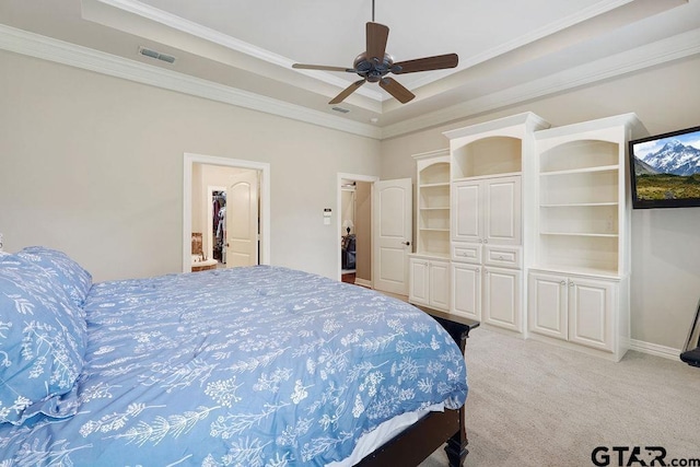 302 Coventry St, Bullard, TX 75757 - bedroom with a tray ceiling, ornamental molding, light colored carpet, and ceiling fan