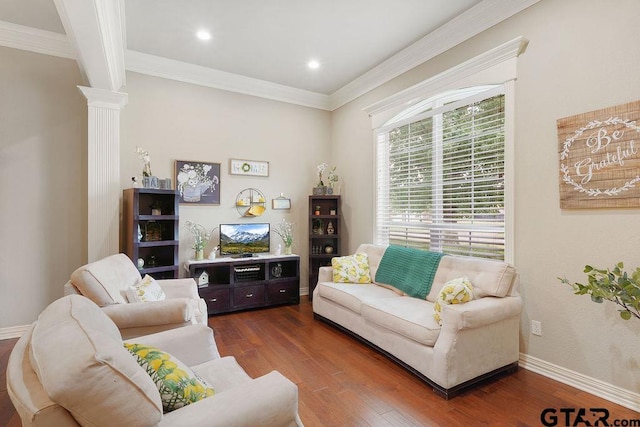 302 Coventry St, Bullard, TX 75757 - living room with ornate columns, wood finished floors, ornamental molding, and recessed lighting